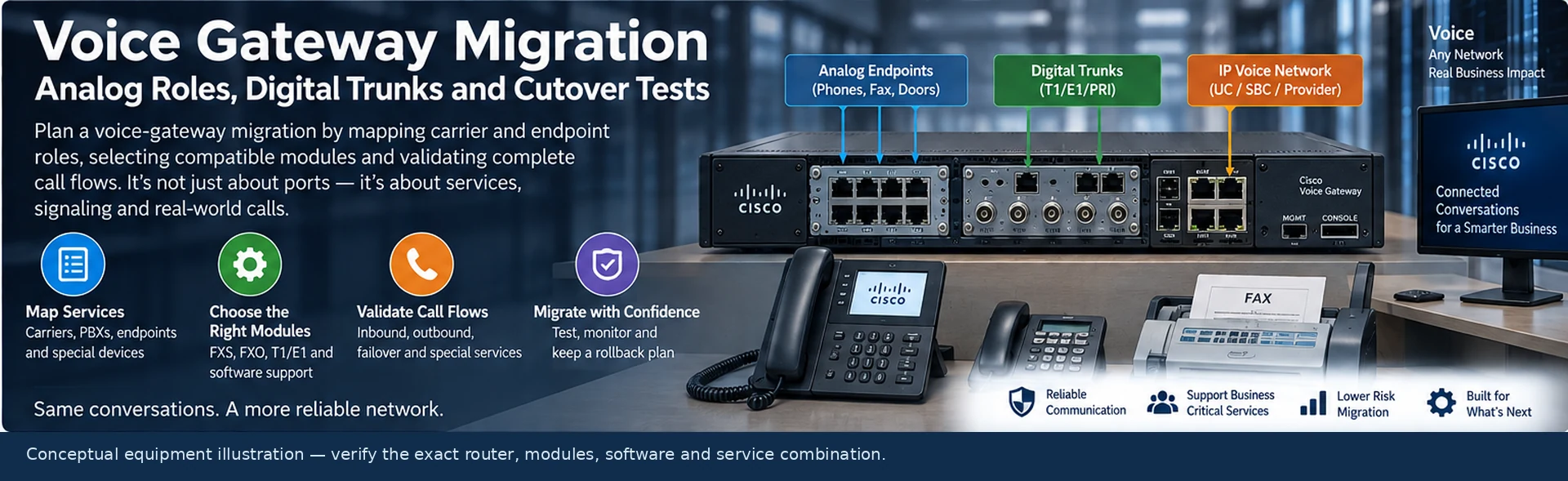 Voice Gateway Migration: Analog Roles, Digital Trunks and Cutover Tests — engineering illustration