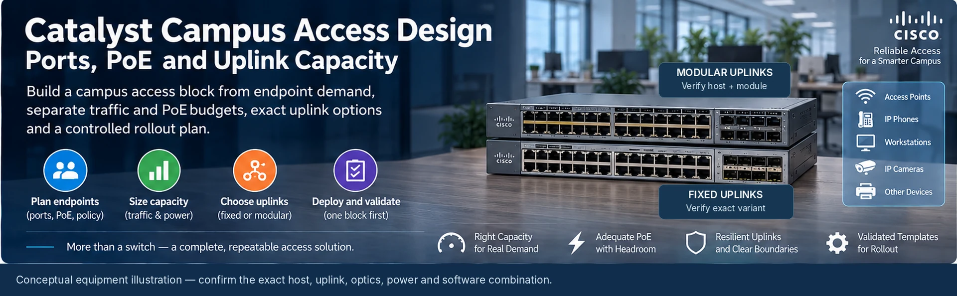 Catalyst Campus Access Design: Ports, PoE and Uplink Capacity — engineering illustration
