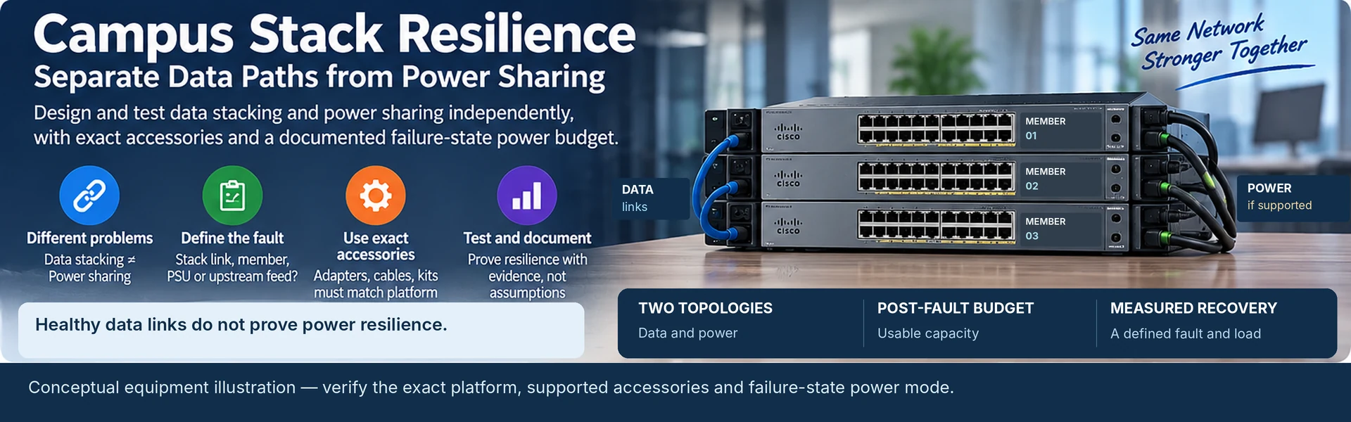 Campus Stack Resilience: Separate Data Paths from Power Sharing — engineering illustration