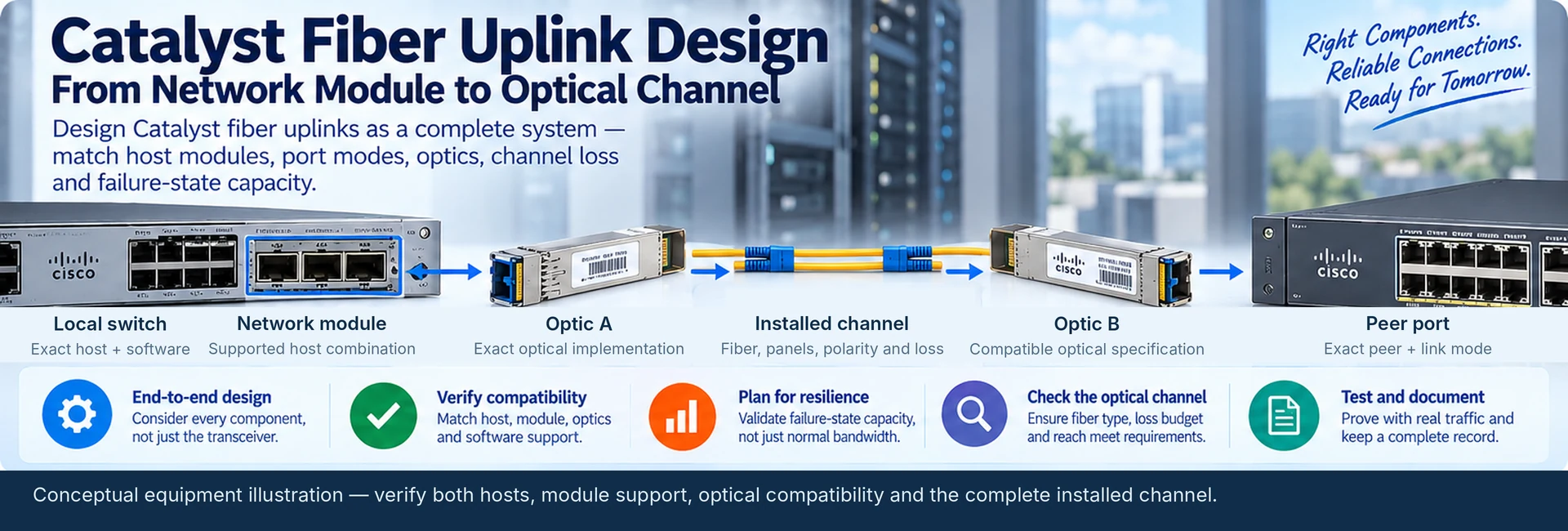 Catalyst Fiber Uplink Design: From Network Module to Optical Channel — engineering illustration