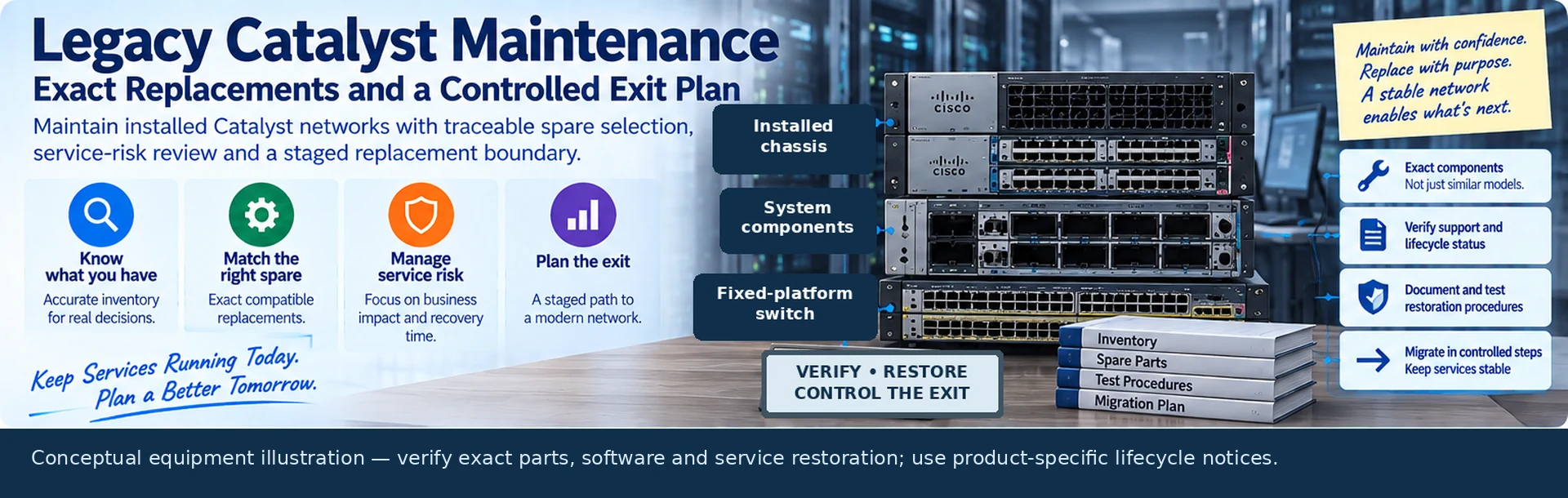 Legacy Catalyst Maintenance: Exact Replacements and a Controlled Exit Plan — engineering illustration