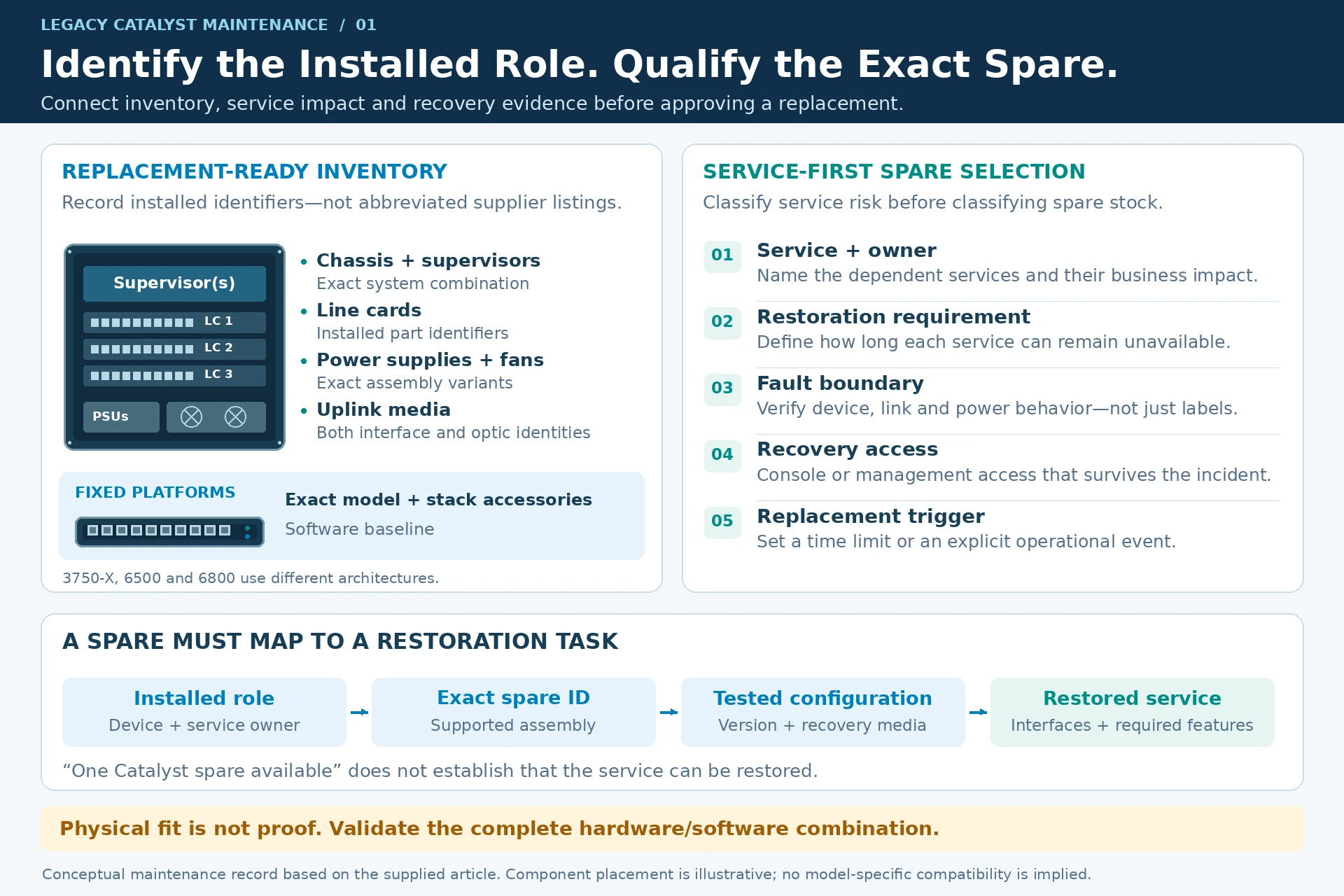 Engineering illustration 1 — Legacy Catalyst Maintenance: Exact Replacements and a Controlled Exit Plan