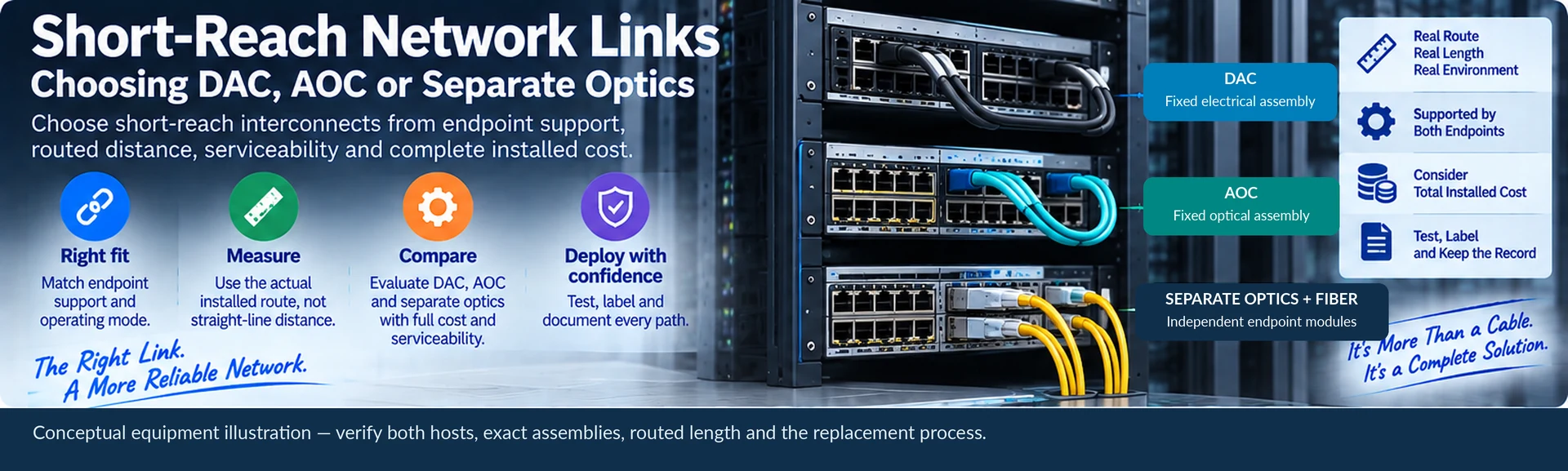 Short-Reach Network Links: Choosing DAC, AOC or Separate Optics — engineering illustration