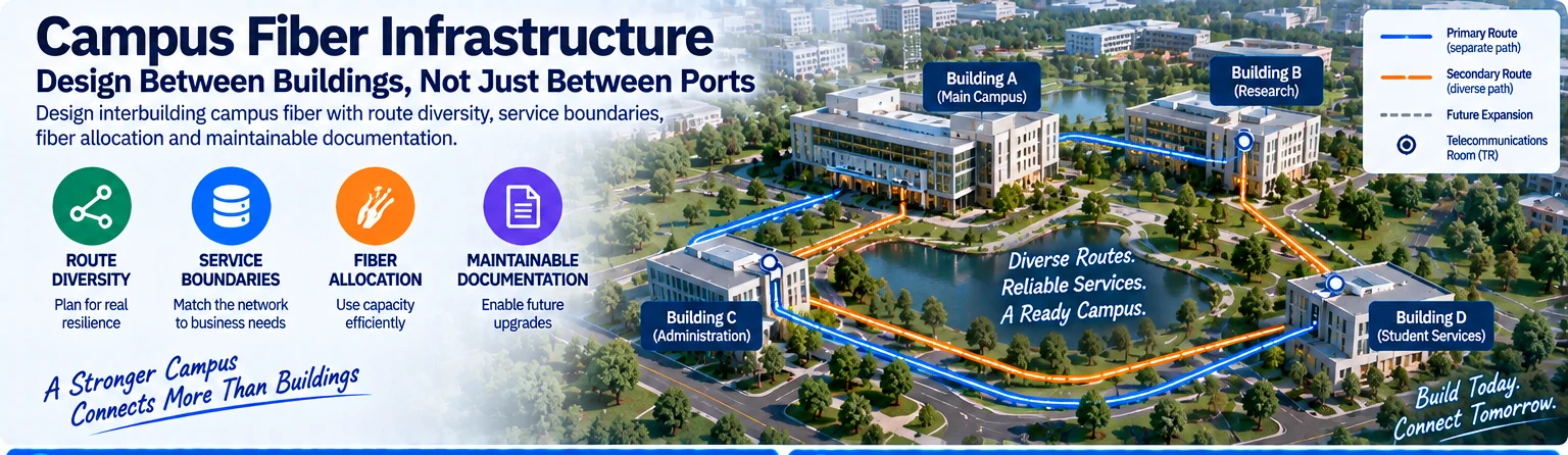 Campus Fiber Infrastructure: Design Between Buildings, Not Just Between Ports — engineering illustration