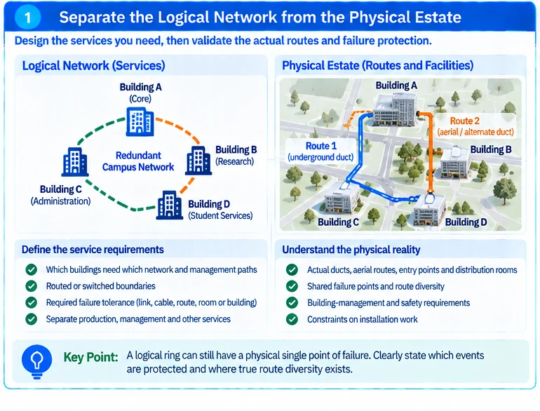 Engineering illustration 1 — Campus Fiber Infrastructure: Design Between Buildings, Not Just Between Ports