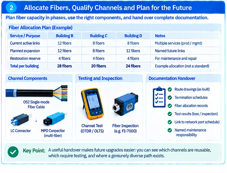 Engineering illustration 2 — Campus Fiber Infrastructure: Design Between Buildings, Not Just Between Ports