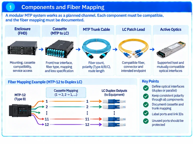 Engineering illustration 1 — Modular MTP Cabling with FHD Components: Mapping, Loss and Expansion