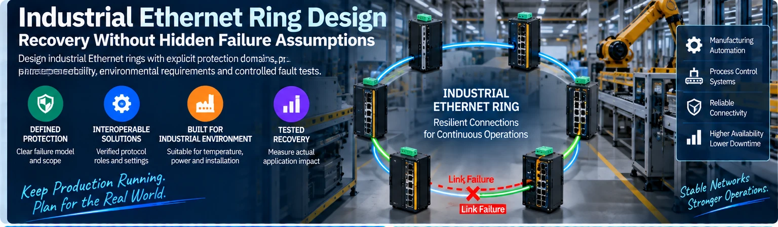 Industrial Ethernet Ring Design: Recovery Without Hidden Failure Assumptions — engineering illustration