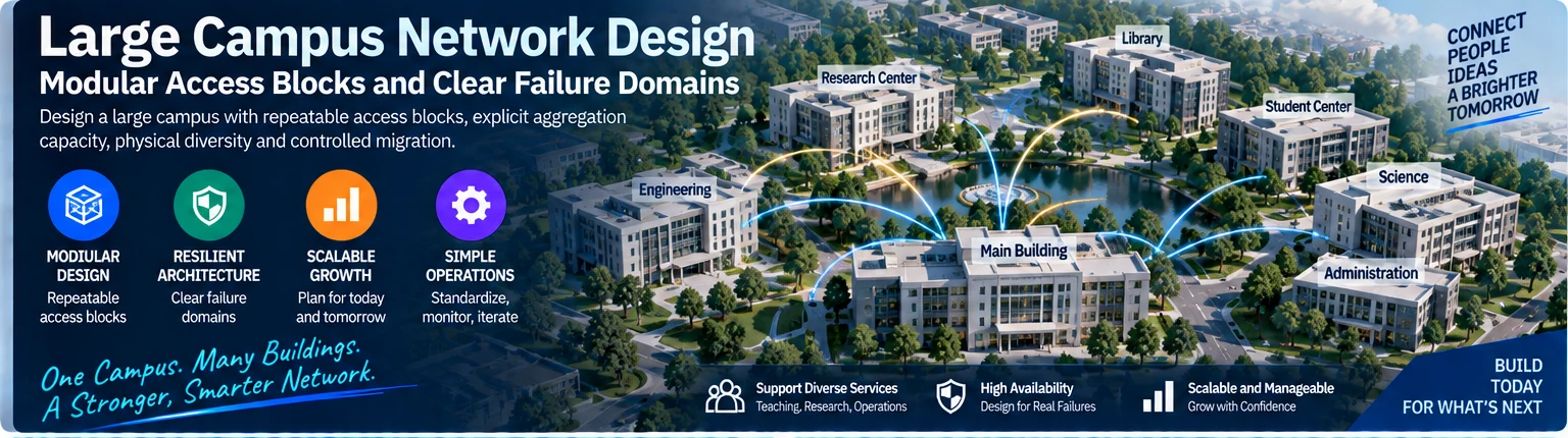 Large Campus Network Design: Modular Access Blocks and Clear Failure Domains — engineering illustration