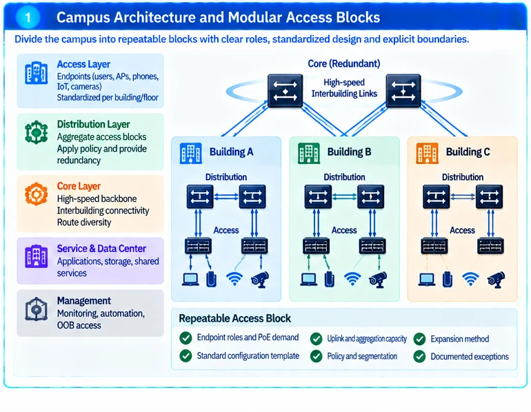 Engineering illustration 1 — Large Campus Network Design: Modular Access Blocks and Clear Failure Domains