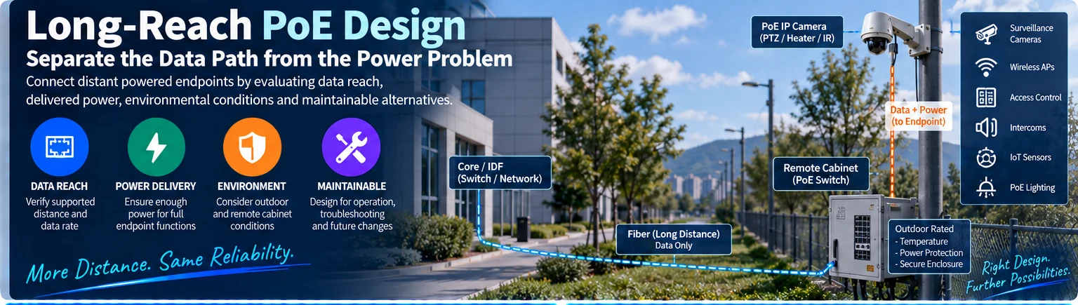 Long-Reach PoE Design: Separate the Data Path from the Power Problem — engineering illustration