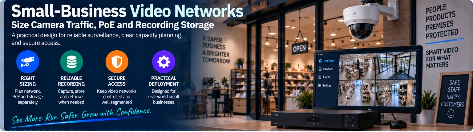 Small-Business Video Networks: Size Camera Traffic, PoE and Recording Storage — engineering illustration