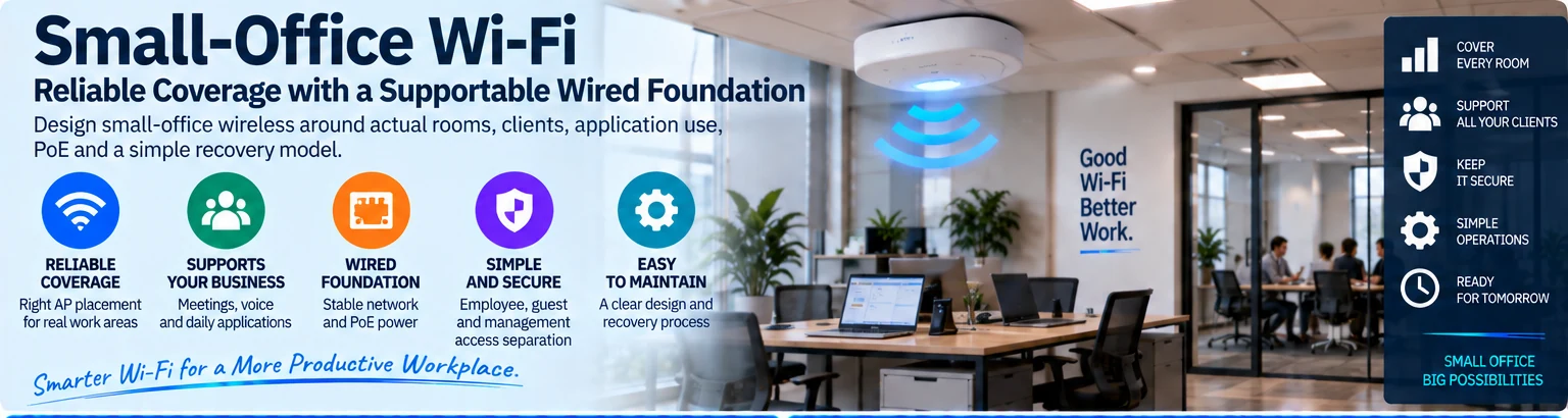 Small-Office Wi-Fi: Reliable Coverage with a Supportable Wired Foundation — engineering illustration