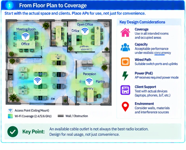 Engineering illustration 1 — Small-Office Wi-Fi: Reliable Coverage with a Supportable Wired Foundation