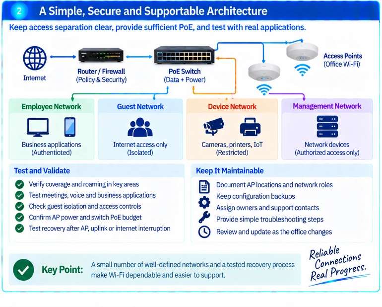 Engineering illustration 2 — Small-Office Wi-Fi: Reliable Coverage with a Supportable Wired Foundation