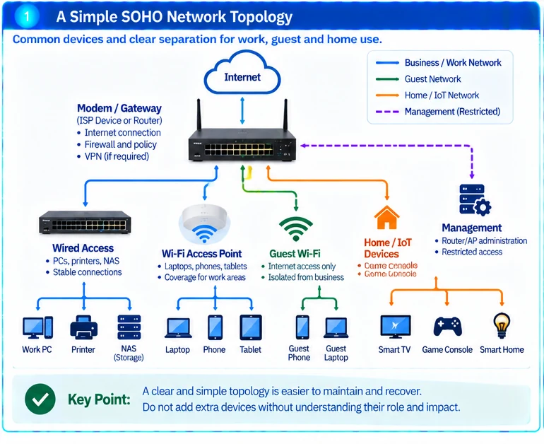 Engineering illustration 1 — SOHO Networking: Keep Business Access, Guest Use and Recovery Simple