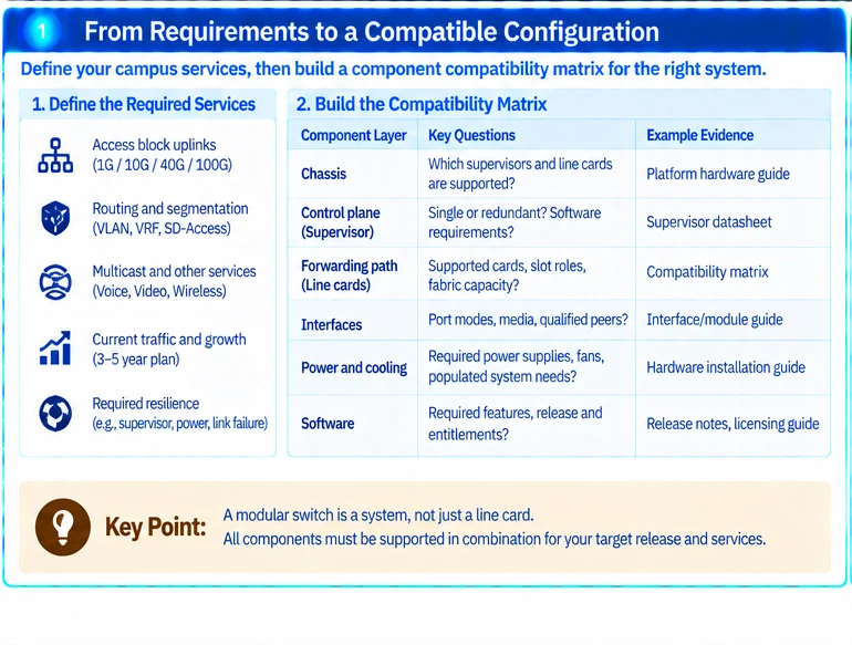 Engineering illustration 1 — Modular Campus Core Selection: Verify Chassis, Supervisor and Line-Card Dependencies