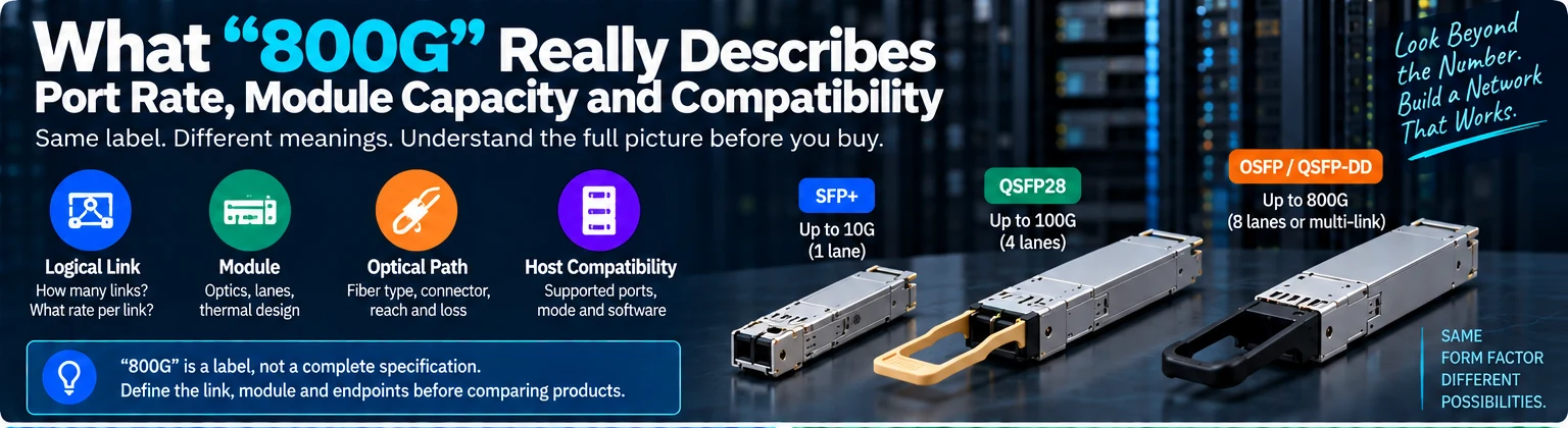 What “800G” Really Describes: Port Rate, Module Capacity and Compatibility