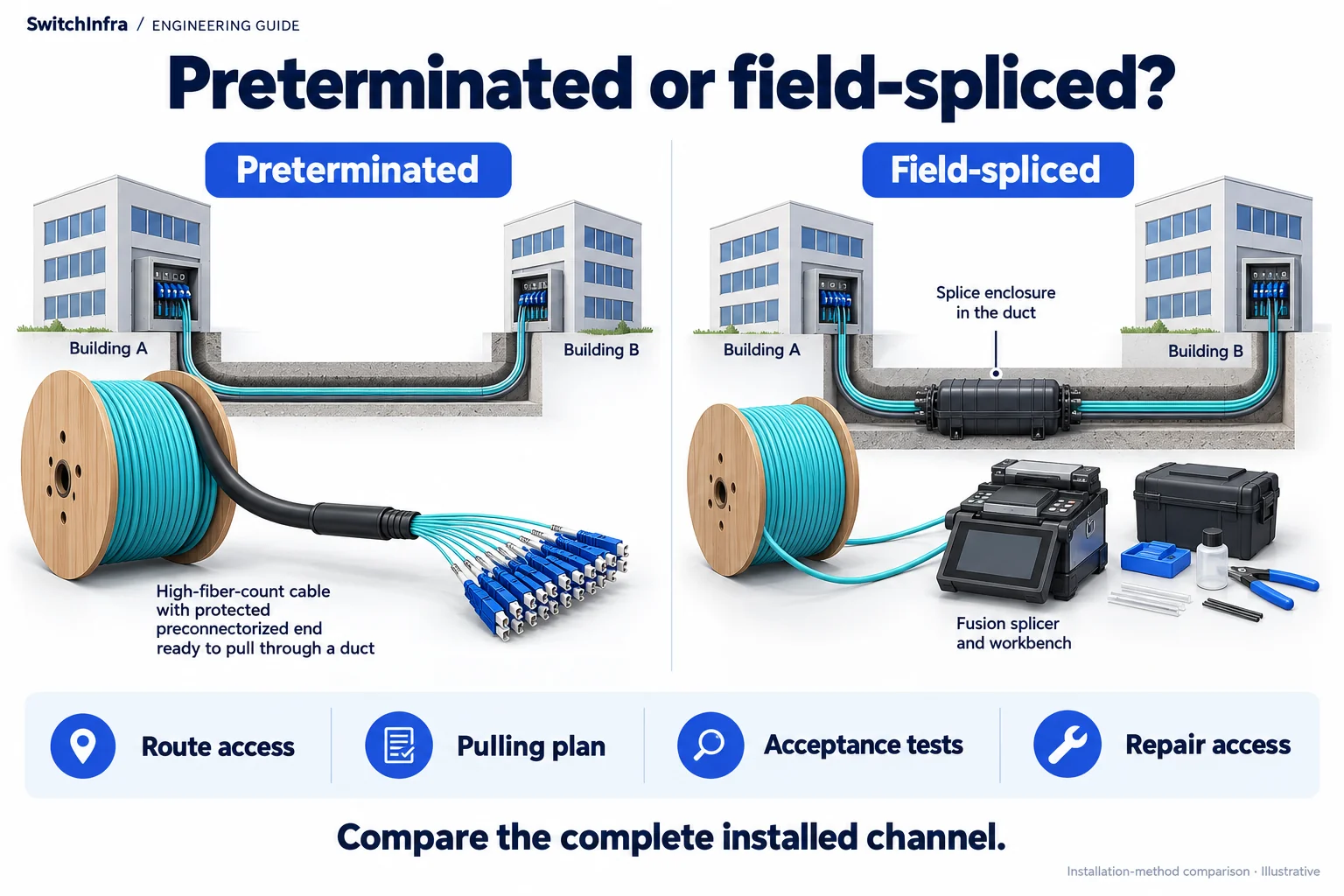 Preterminated cable installation beside field splicing, highlighting routing, termination and acceptance choices.