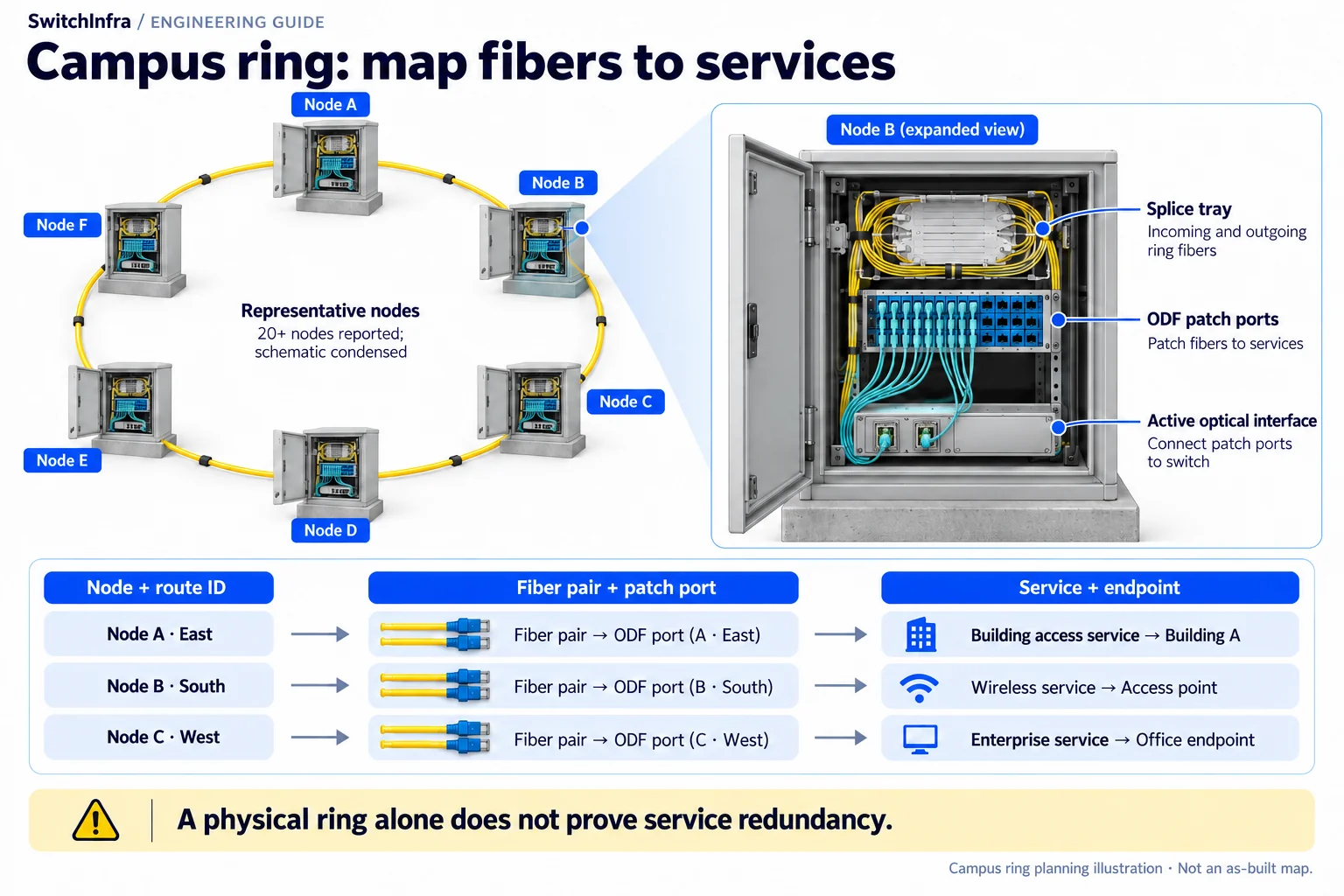 A condensed campus fiber ring with an expanded cabinet showing splice tray, ODF patch ports and active optical interfaces.