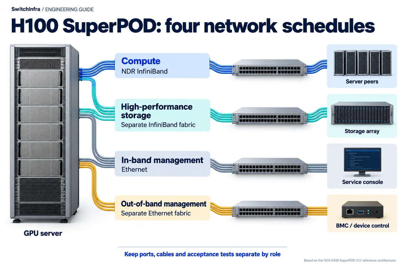 A GPU server rack with four separately identified compute, storage, in-band and out-of-band network roles.