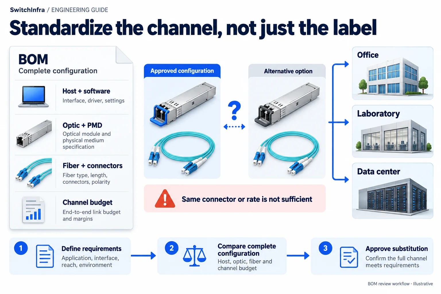 A complete BOM reviewed against an alternative optical channel before reuse across office, laboratory and data-center settings.