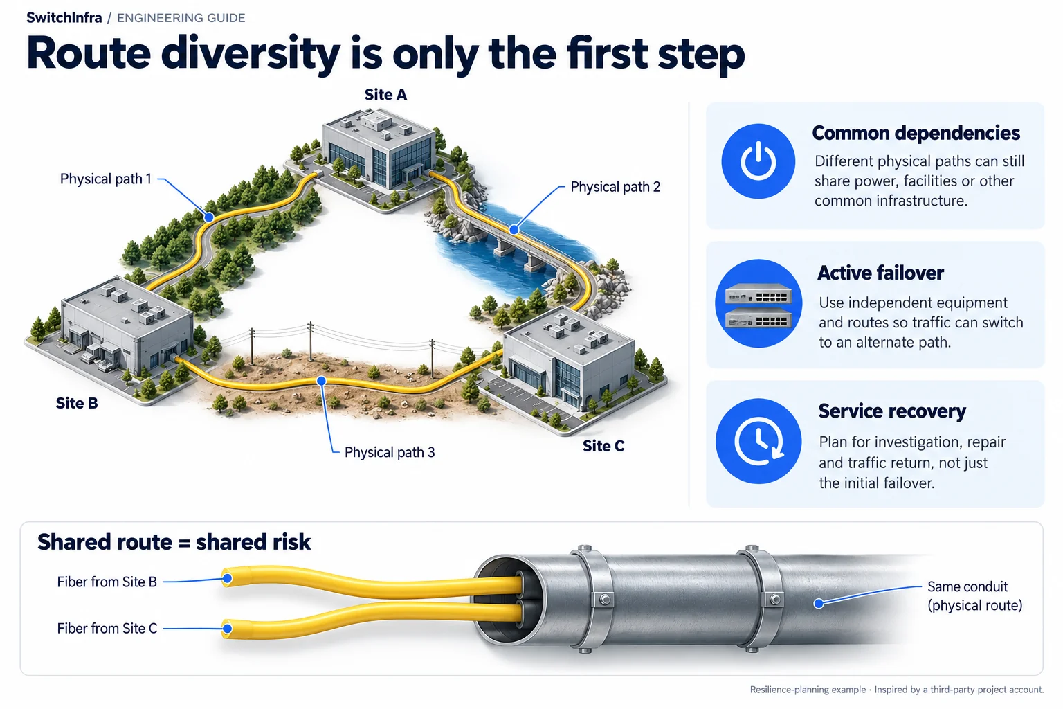 Three factory sites connected by diverse paths, with shared-conduit risk, failover and service-recovery considerations.