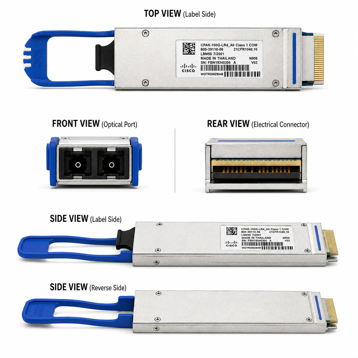 Cisco CPAK-100G-LR4 100G CPAK LR4 Optical Transceiver (Used) — Gold-wire label thumbnail 5